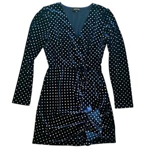 Sugarlips Long Sleeve Navy Blue Dress w/Silver Polka Dots and side ruffle size L